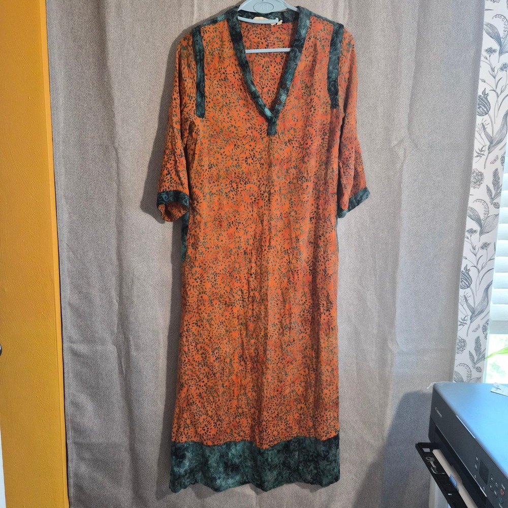Soft Surroundings PXS Orange Teal Batik Rayon Kaftan Maxi Dress Boho Lagenlook